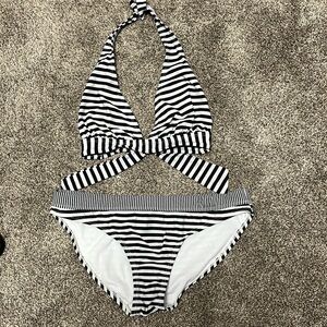 White House Black Market Black & White Striped Triangle Halter Bikini Size M